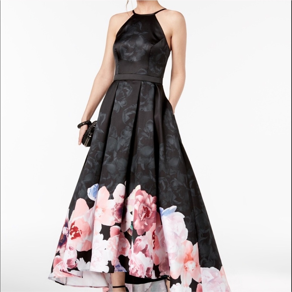 XSCAPE Floral Print High-Low Black Gown
